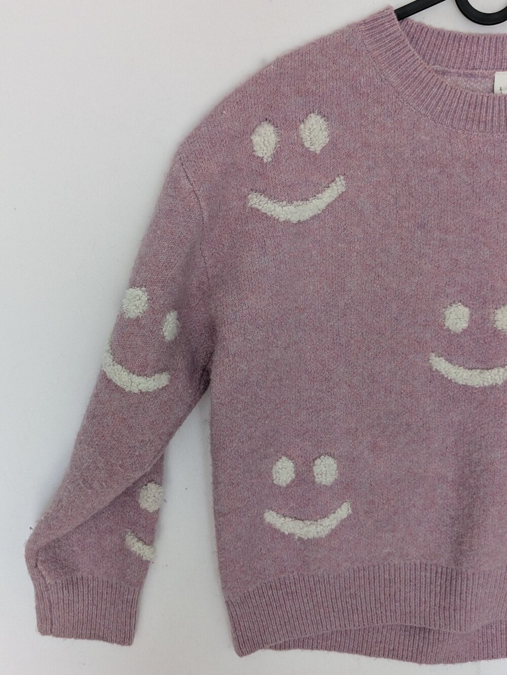 Lavender Pink Smiley Face Fuzzy Crewneck Sweater Women's Med
